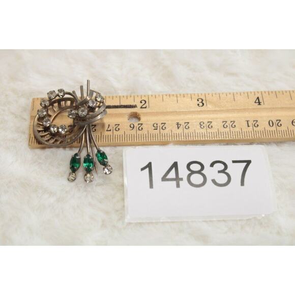 Art Deco Style Silver Tone Brooch Green Clear Rhinestones 1960s MCM Wreath - Picture 7 of 7